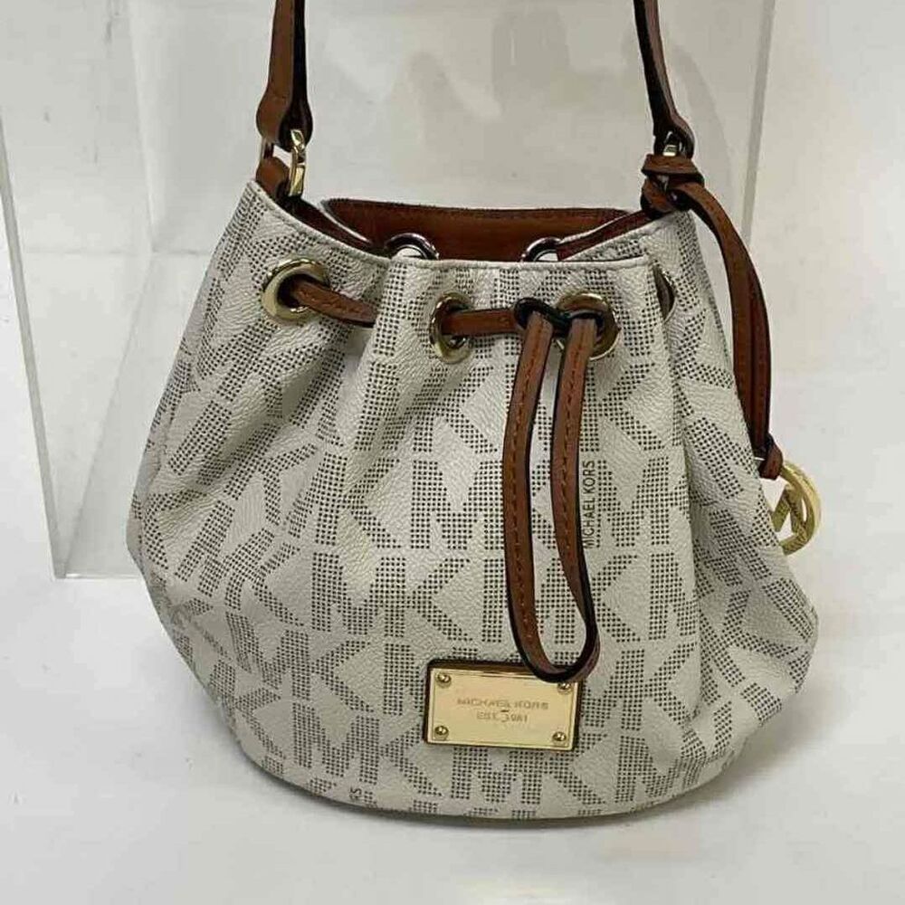 Michael Kors MK Designer Beige Brown Crossbody Bag Bucket Drawstring Purse Bag